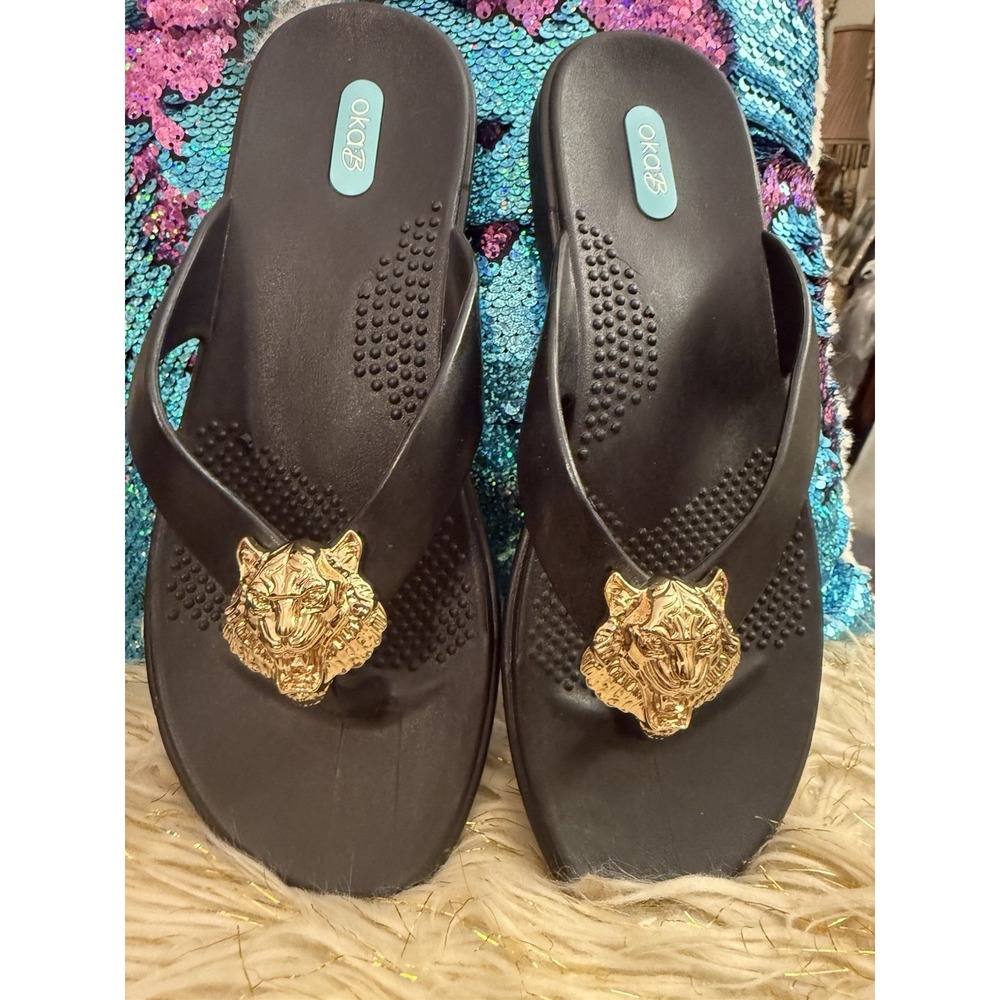 New Okab Black Licorice Gold Lion Head Rubber Flip Flop Thong Sandals Womens M/L